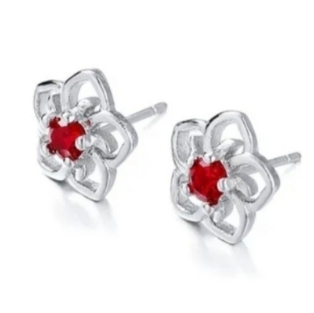 💥4 For $20💥Red Rhinestone Silvertone Flower Earrings
